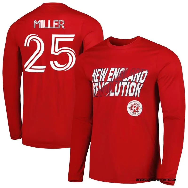 Men's New England Revolution ＃25 Peyton Miller Red Name & Number Hook Long Sleeve T-Shirt