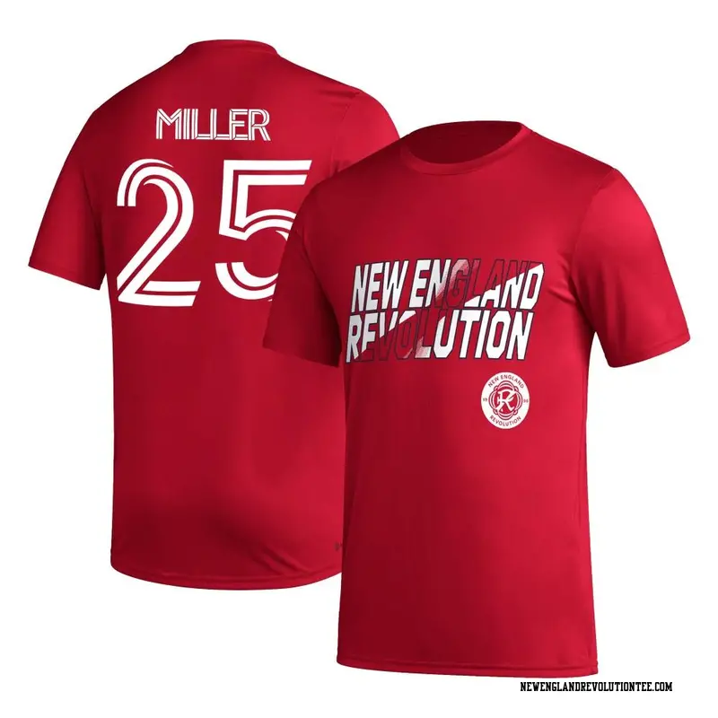 Men's New England Revolution ＃25 Peyton Miller Red Name & Number Hook T-Shirt