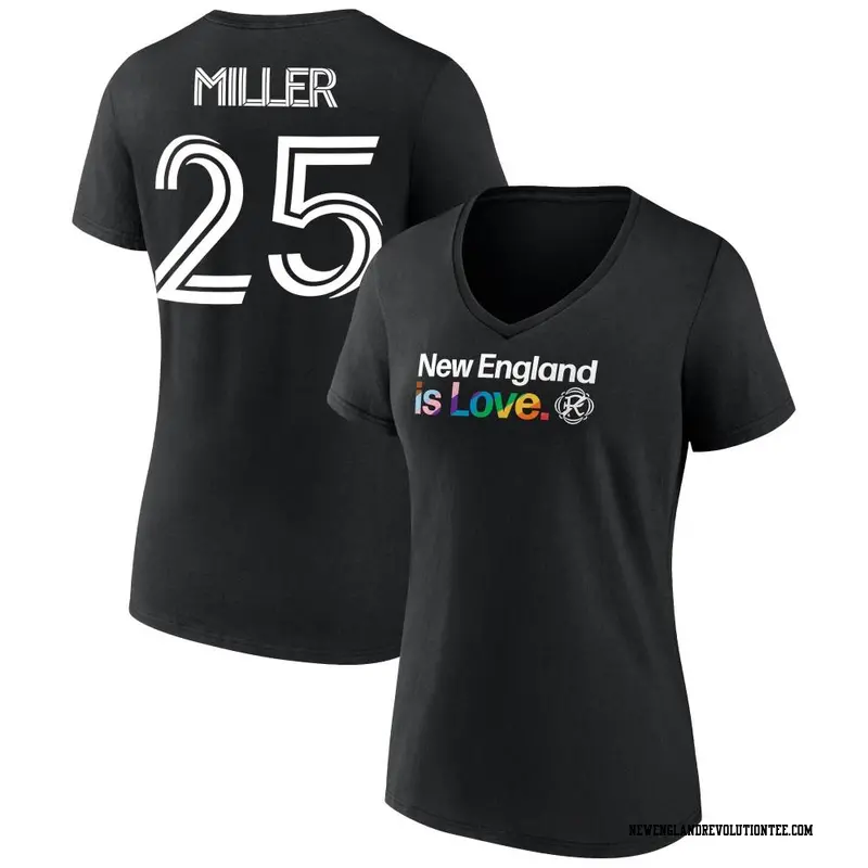 Women's New England Revolution ＃25 Peyton Miller Black Name & Number City Pride V-Neck T-Shirt
