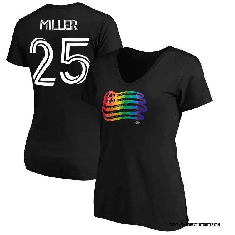 Women's New England Revolution ＃25 Peyton Miller Black Name & Number Pride V-Neck T-Shirt