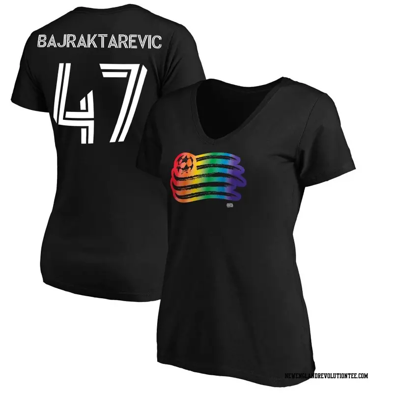 Women's New England Revolution ＃47 Esmir Bajraktarevic Black Name & Number Pride V-Neck T-Shirt